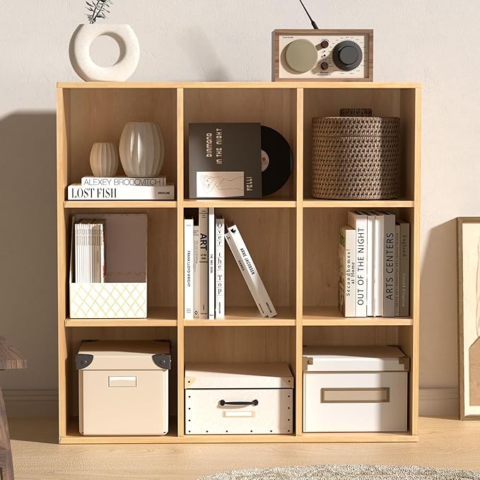 Wooden 9 Cube Storage Organizer with Closed Back Panel, Cube Shelf Heavy Duty Cubby Storage Organizer with Compartments for Living,Display Shelf,Bookshelf,Storage Furniture (Oak, 9-Cube)