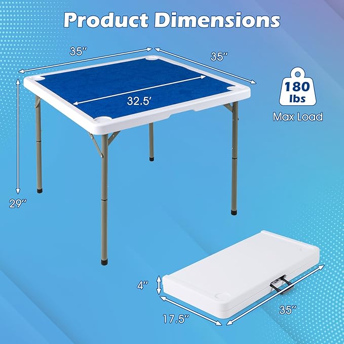 Giantex Folding Mahjong Table, 35" Square Card Table with Cup Holders, Removable Noise Reduction Mat, HDPE Tabletop, 4-Player Portable Domino Tables for Poker Blackjack Board Game (Dark Blue)