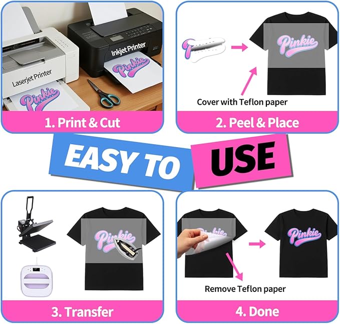 Lovein-Pinkie Heat Transfer Paper for Laser & Inkjet Printer (10 Sheets 8.5x11", Dark Plus) Printable Iron on Transfer Paper for Dark Fabric, Printable Heat Transfer Vinyl for T Shirts