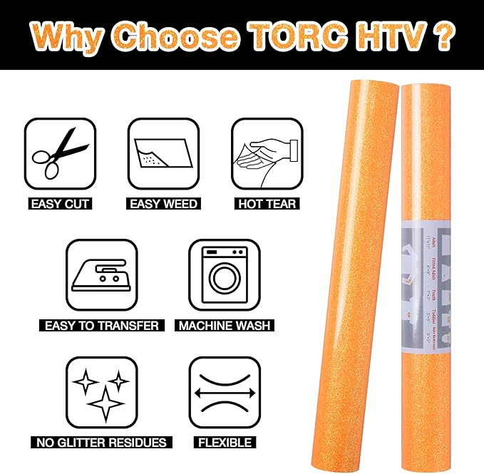 TORC Bright Orange Glitter HTV Heat Transfer Vinyl Roll 12 inch x 5 ft Iron on Vinyl for T Shirts Fall Thanksgiving Crafts