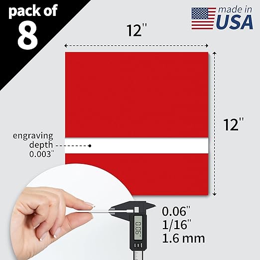Trotec TroLase | 12"x12"x1/16", 8 Pcs | Red/White | 2 Ply | Modified Acrylic | Laser Engraving Double Color Plastic Sheet | Engraving Blanks for Laser, Saw, Guillotine | Made in USA