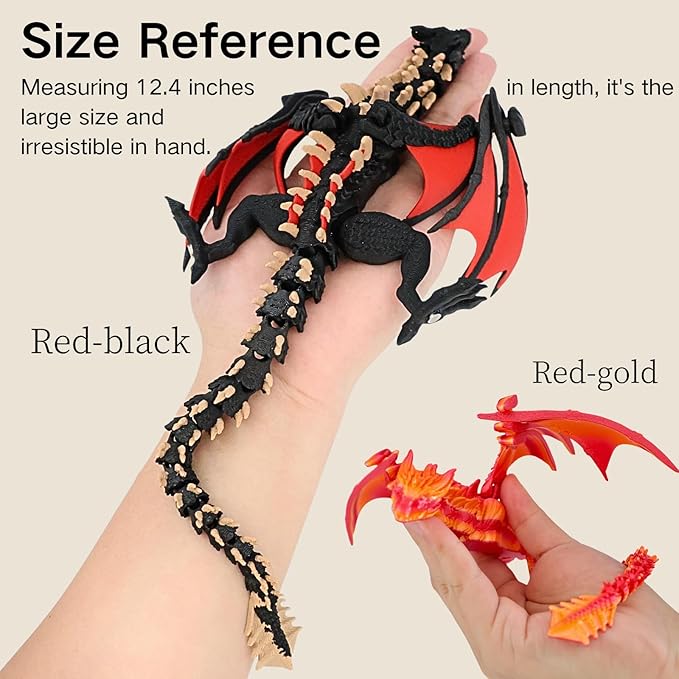 3D Printed Dragon - 12 inch Flying Flexible Dragon with Wings, Home Decor, Birthday Gift, Desk Pet(Red Black-Dragon)