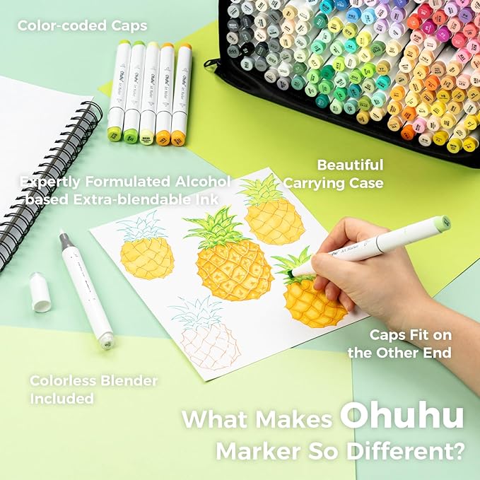Ohuhu Alcohol Markers Brush Tip - 168-color Art Marker Set Double Tipped Alcohol-based Markers for Artist Adults Coloring Illustration- Brush & Chisel - Honolulu - Refillable Ink