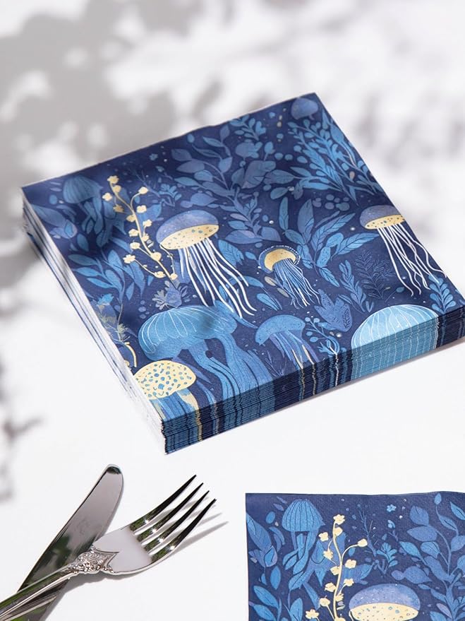 Premium Designer Paper Napkins, 3-Ply 6.5 x 6.5-inches Fold Disposable Decorative Lunch Dinner Napkin (20, Deep Blue)