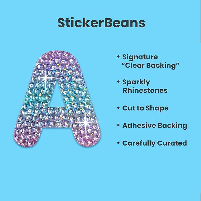 StickerBeans® Rhinestone Alphabet Letter Sticker A - Unique Sparkly Design 2” x 2” Cut-to-Shape Adhesive - Personalization, Collecting, Gifting, Scrapbooking, Decorating Laptops, Phone Cases, All Ages