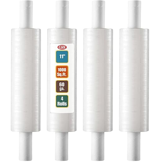 Stretch Wrap with Handle Industrial Strength 4 Pack 11" x 1000 Ft 60 Gauge Thick (15 Micron) Shrink Wrap Roll for Moving Supplies, Furniture, Pallets, Plastic Wrap for Packing, Heavy Duty Stretch Film
