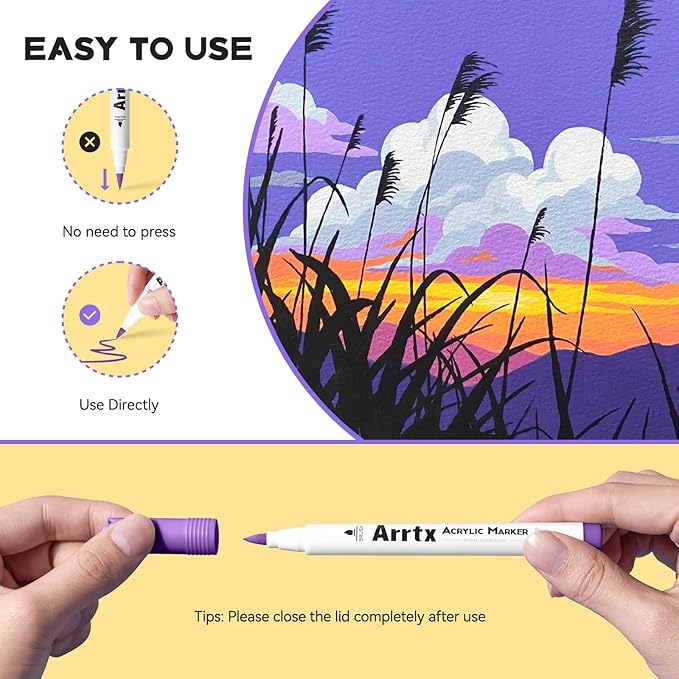 Arrtx 48 Colors Acrylic Marker, for Rock Painting, Extra Brush Tip Markers Paint Pens, Art Supplies, Fabric Paint, Art Markers, Waterproof Paint DIY Crafts Making& 48E