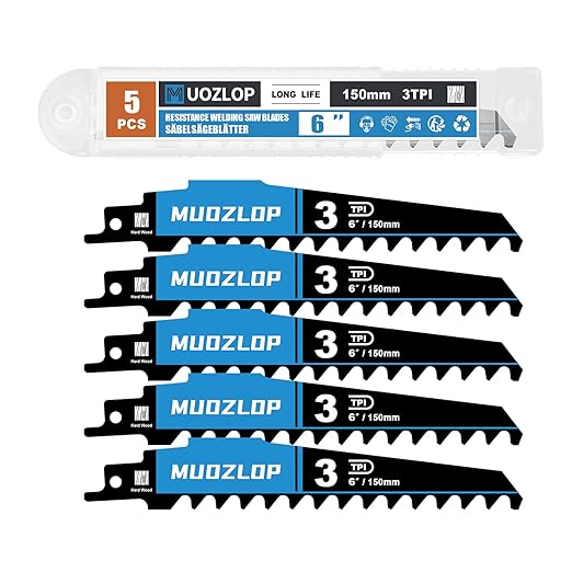 5 Pack 6 inch Reciprocating Saw Blades Set，3 TPI High Carbon Saw Blades for Wood Cutting，Saw Blades with Organizer Case (5, 3T/6inch)