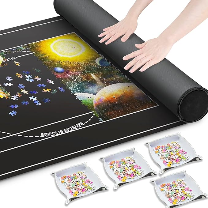 Nattork Jigsaw Puzzle Mat Roll Up，Portable Saver Pad Up to 2000 Pieces，with Non-Slip Rubber Bottom，4 Puzzle Sorting Trays & 1 Storage Bag