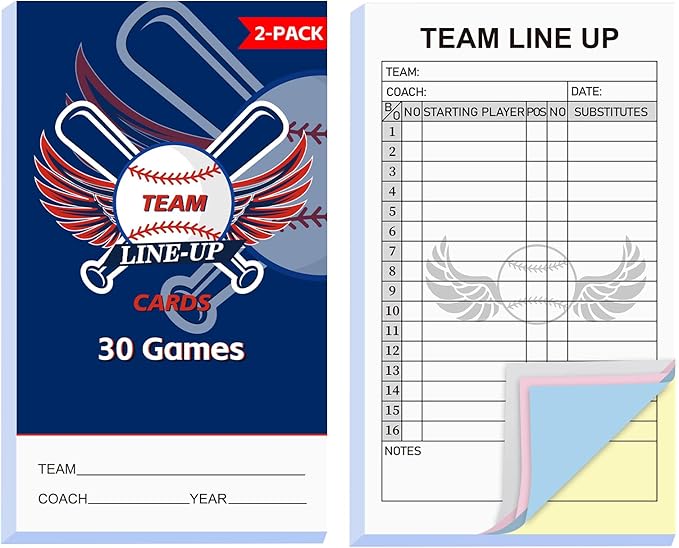 30/60/120/180 Baseball Lineup Cards with 4-Part Carbonless Copies, 4.53 x 7.87 Inch 16 Player Roster Sheets for Games, Softball Line up Coaching Accessories for Coaches and Umpires
