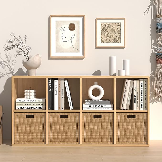 Wooden 8 Cube Storage Organizer with Closed Back Panel, Cube Shelf Heavy Duty Cubby Storage Organizer with Compartments for Living,Display Shelf,Bookshelf Furniture (Oak, 8-Cube)