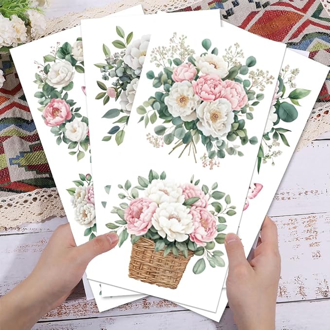 GLOBLELAND 4 Sheets Pink and White Flowers Transfer 11.8x5.9inch Peony Wreath Rub on Transfer Self-Adhesive Wall Art Decals for Farm Bedroom Living Room Desk Table Decoration