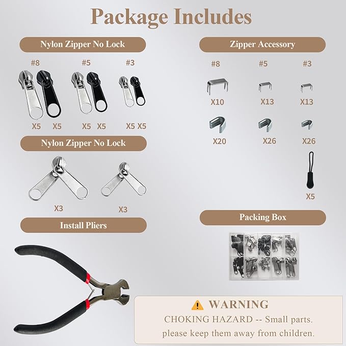 Vintrex 150 Pcs Zipper Repair Kit with Replacement Sliders, Metal Zipper Pull Replacement Kit with Install Plier for Jackets, Coats, Tents, Backpacks, Sleeping Bags, and Luggage