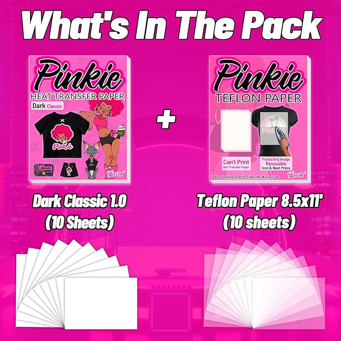 Lovein-Pinkie Heat Transfer Paper for Dark Fabric, Iron on Transfer Paper for Inkjet Printer & Teflon Sheets for Heat Press Machine (Mix Pack, 20 Sheets, 8.5x11'')