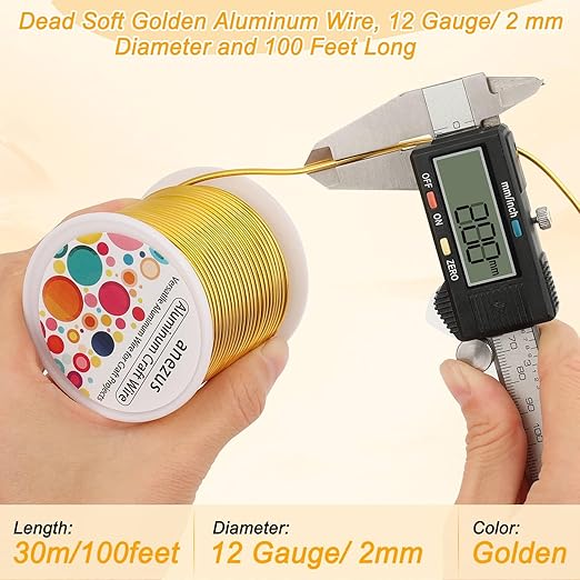 Anezus 12 Gauge Craft Wire Bendable - 2mm Metal Armature Sculpting Wire for Crafting, Wreath Making, Jewelry Making, Beading, Floral (Golden, 100 Feet)
