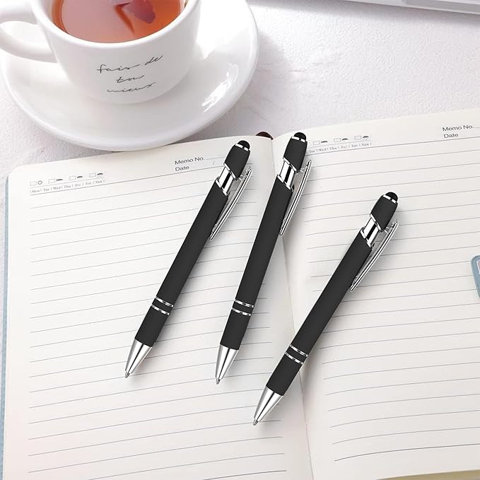 12 PCS 2 in 1 Stylus Ballpoint Pen with Stylus Tip, 1.0 mm Black Ink Metal Pen Stylus Pen for Touch Screens (Silver & Black)