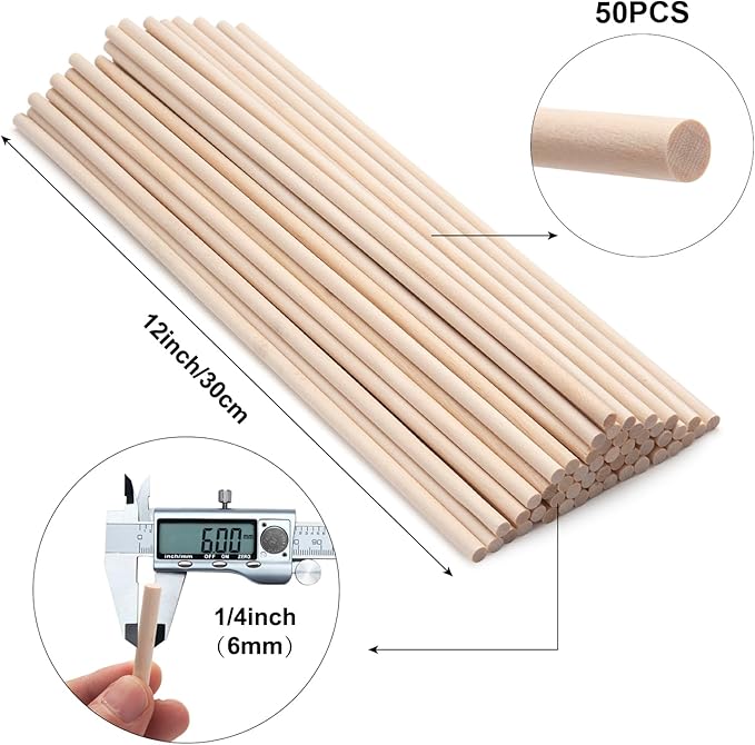 Wood Dowels Wooden Dowel Rods 1/4 x 12, 50 PCS Wooden Sticks for Crafts, Macrame Dowels, Unfinished Small Wood Sticks for Crafting, Lollipops and Tiered Cake, Photo Booth Props, Wedding Ribbon Wands