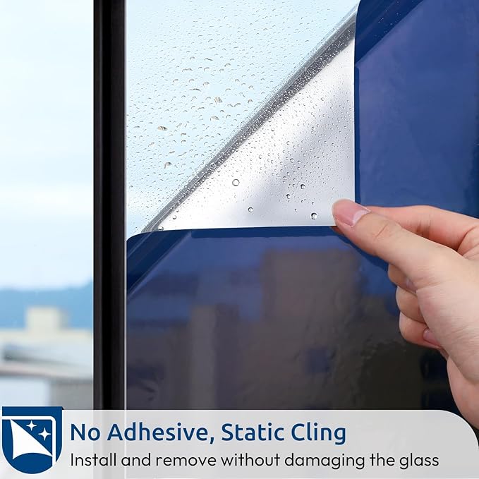 rabbitgoo Window Privacy Film One Way Window Tint for Home, Removable Reflective Heat Sun Blocking Anti UV Glass Door Covering, Mirror Tinting Film House Office, 29.5 in X 6.5 Feet, Blue Silver
