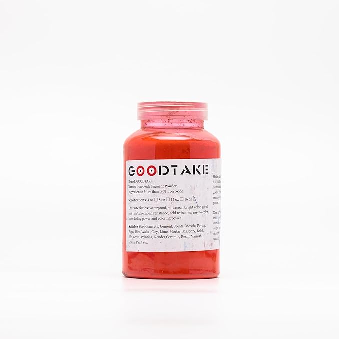 GOODTAKE Concrete Pigment Powder, Red Iron Oxide Cement Dye Color for Pastel Tile Paint, Mortar, Grout (Red, 12 oz)