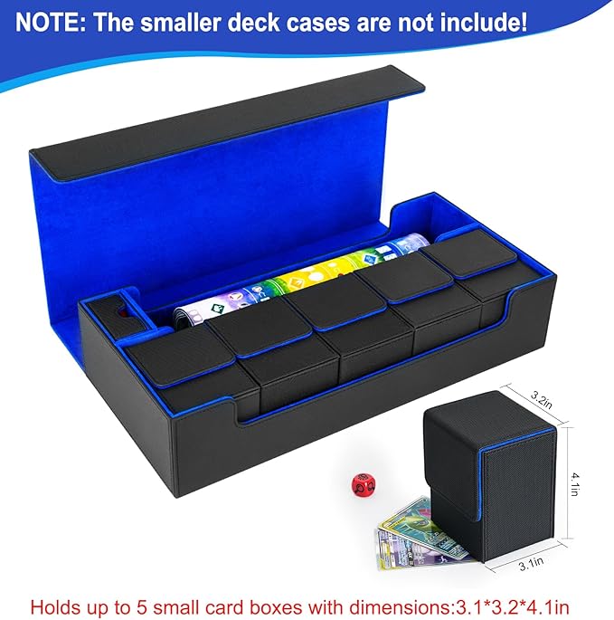 Card Deck Box,X-Large Premium Trading Card Storage Case with Mat and Dice Compartment,Magnetic Game Deck Display Case Compatible with MTG/TCG/Yugioh/Magic/Commander(Black＆Blue)