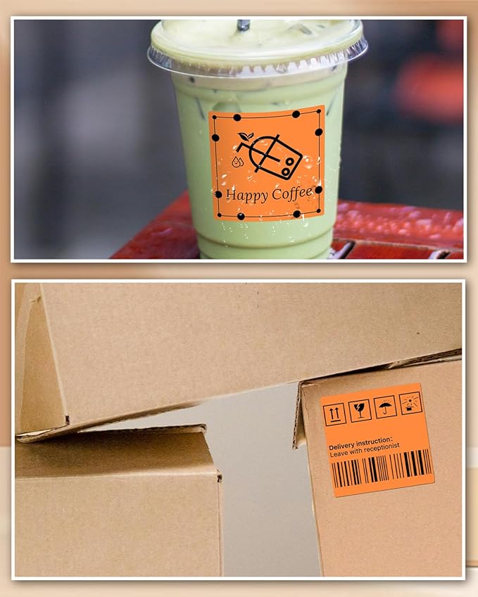 iEager Orange Square Thermal Label Stickers, 3" x 3" Self-Adhesive Square Direct Thermal Labels with Perforation Line, 500 Sheets/Roll