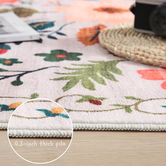 Rugcomf Area Rugs 8x10 Rug for Living Room Clearance Washable Boho Area Rug Non Slip Floral Vintage Low Pile Large Rug for Living Room, Bedroom, Farmhouse, Dining Room, Kids Playroom(Beige)