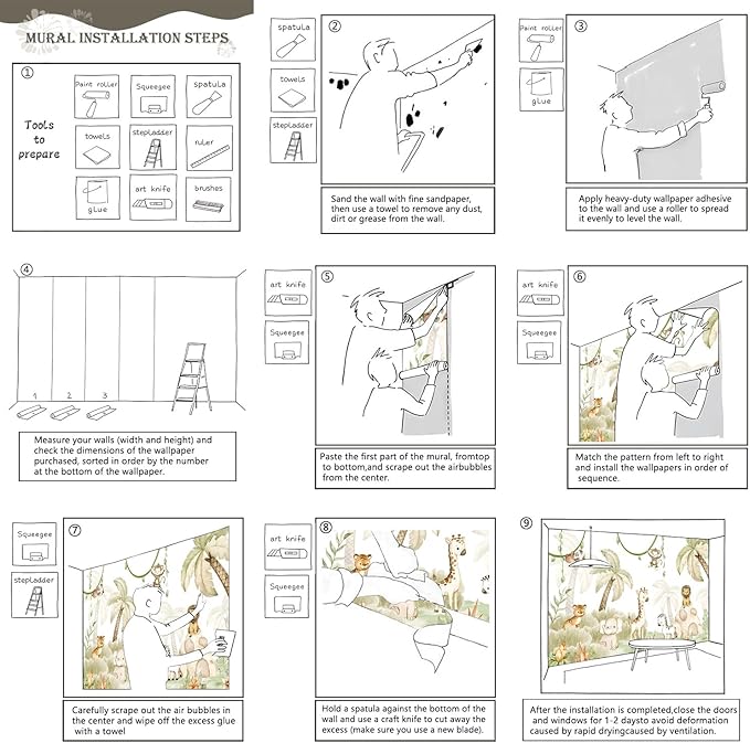 AFZEVEB-Safari Wallpaper Watercolor Animal Nursery Wall murals for Kids Room 136"x96"(Not Peel and Stick)