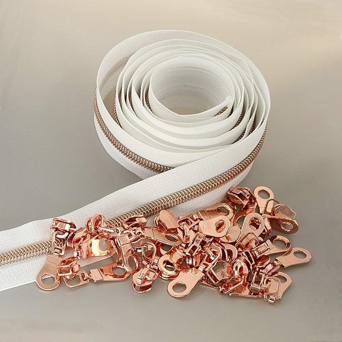 Leekayer #5 Rose Gold Metallic Nylon Coil Zippers by The Yard Bulk 10 Yards White Tape with 25pcs Rose Gold Sliders for DIY Sewing Tailor Craft Bag(White)