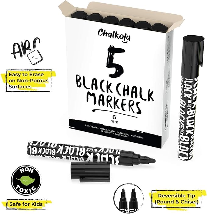 Black Chalk Markers - Liquid Dry Erase Marker Pens for Bistro, Chalkboards Signs, Windows, Blackboard, Glass - 6mm Reversible Tip (Pack of 5)