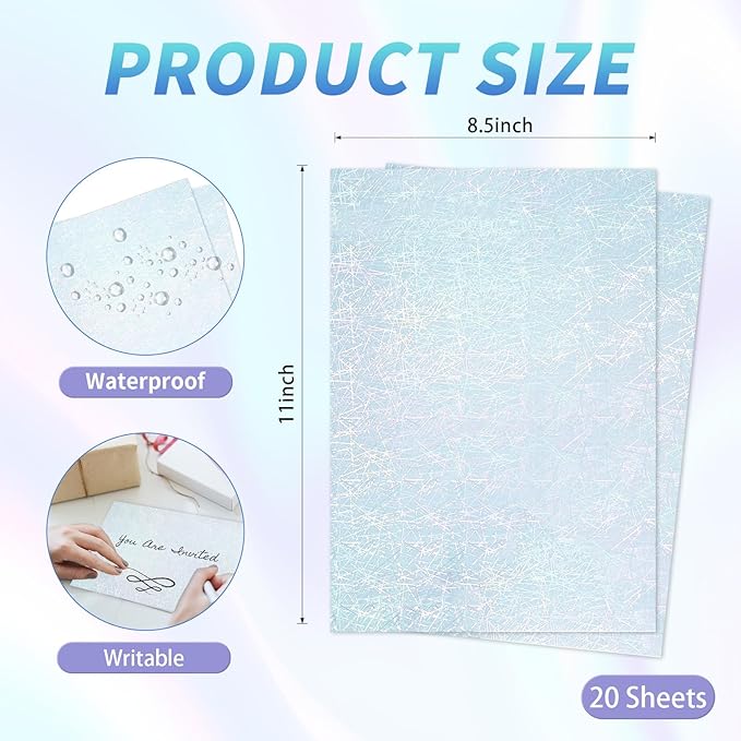 20 Sheets Printable Holographic Sticker Paper,11 x 8.5 Inches Printable Waterproof Paper Rainbow Vinyl Sticker Paper for Inkjet or Laser Printer（Laser straw pattern）