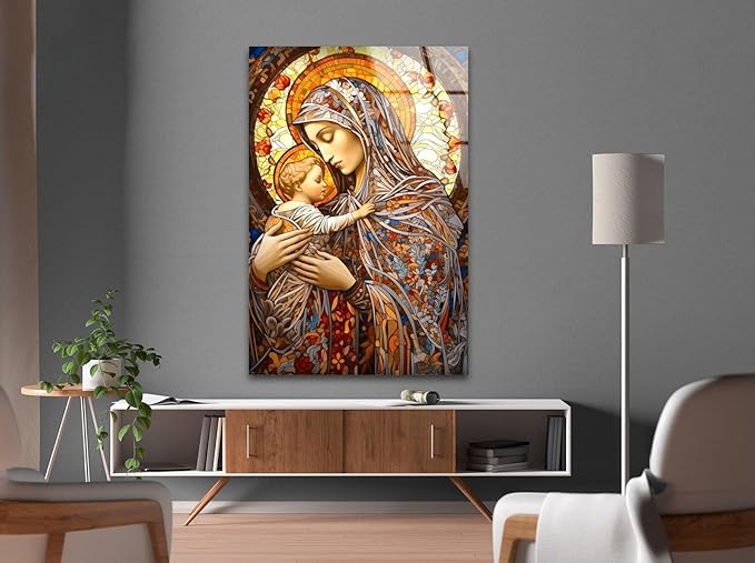 My Photostation.com 27Wx43H'' Jesus and Virgin Mary Glass Wall Art Tempered Glass Printing Wall Decor Large Wall Art Wall Hangings