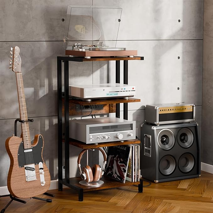 X-cosrack 4-Tier AV Media Stand with Power Strips, Wooden Corner Shelf Component Cabinet Stereo Audio Rack Stand Tower Perfect for DVD Players:Game Console:TV Box:Cable Box:Xbox:WiFi Router