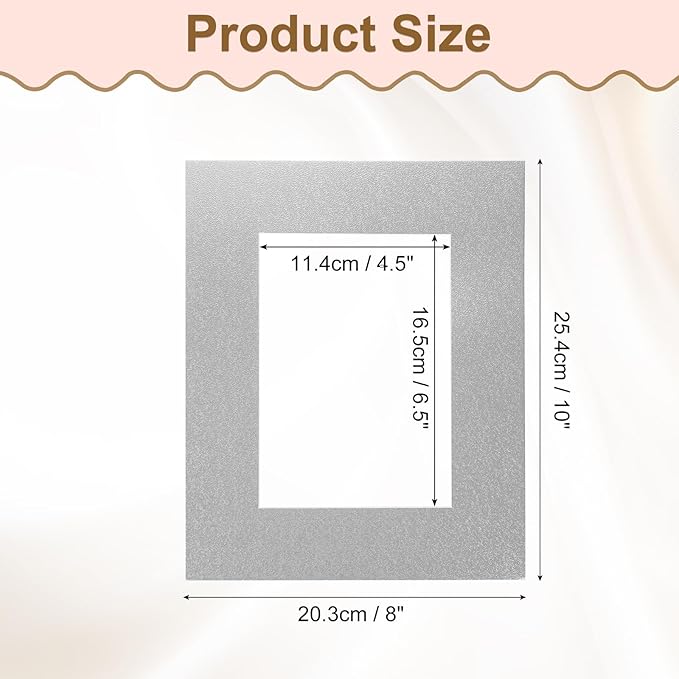 Picture Mats, 8 x 10 for 5 x 7 Pictures Acid Free White Core Bevel Cut Frame Mattes for Display Art Measuring, Silver