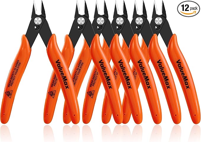 ValueMax Flush Cutters 12 Pack, 5" Micro Precision Side Cutter Pliers Spring-loaded, Small Diagonal Cutters for Jewelry Making, Electronics, Zip Ties, Model Craft