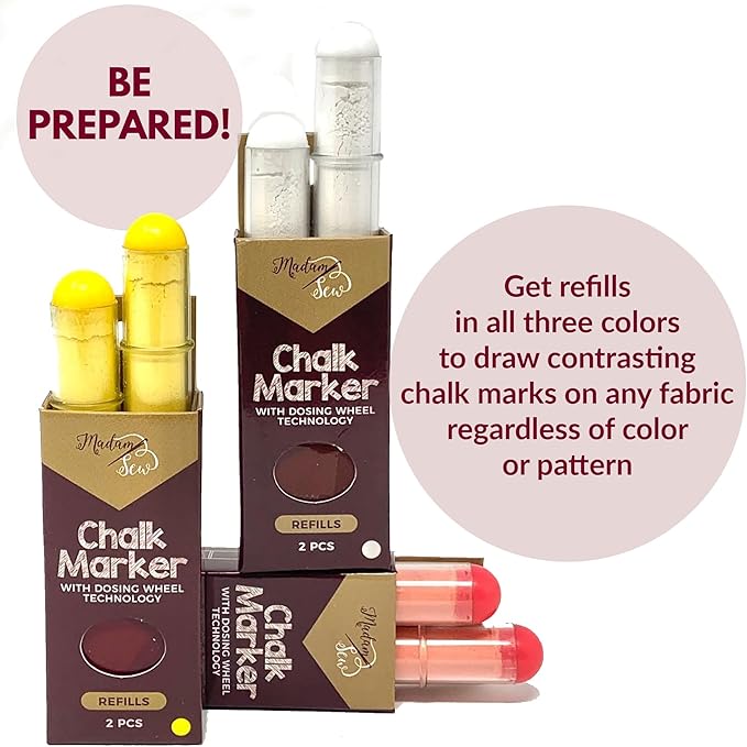 Madam Sew Fabric Chalk Markers for Sewing & Quilting | Refillable Tailors Chalk for Fabric Marking with Dosing Wheel | Ideal for Marking on Cotton, Knit, Suede (White)