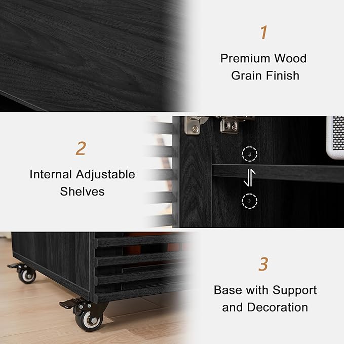 LEVNARY 5-Tier AV Media Cabinet with Grille Door & Adjustable Shelves, Modern Wooden Stereo Rack with Cable Management & Wheels, Audio Video Stand for Living Gaming Room Recording Studio (Black)