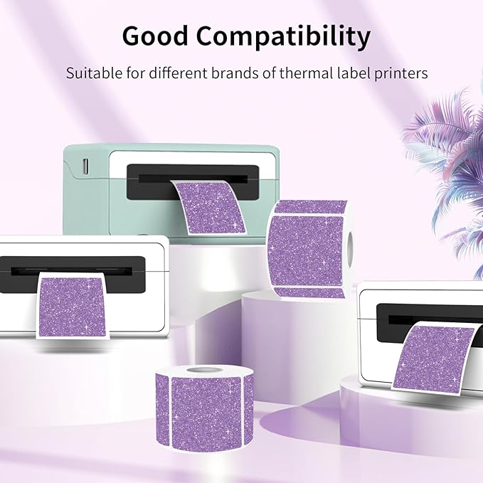 Square Thermal Labels Stickers 2" x 2", Holographic Purple Thermal Stickers Labels, Glitter Self-Adhesive Direct Thermal Label for Small Business- Perforation Line Design