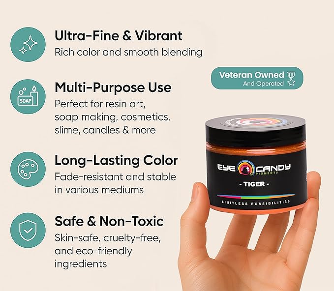 Eye Candy Pigments Premium Orange Mica Powder - Tiger (50gr) - for Epoxy, Resin, Soap, Paint, Woodworking, Acrylic Pouring, Bath Bombs, Fishing Lures - DIY Arts and Crafts Additive