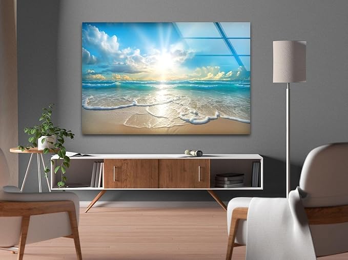 My Photostation.com 20Wx14H'' Beautiful Sunset & Ocean Glass Wall ArtTempered Glass Printing Wall Decor Large Wall Art Wall Hangings