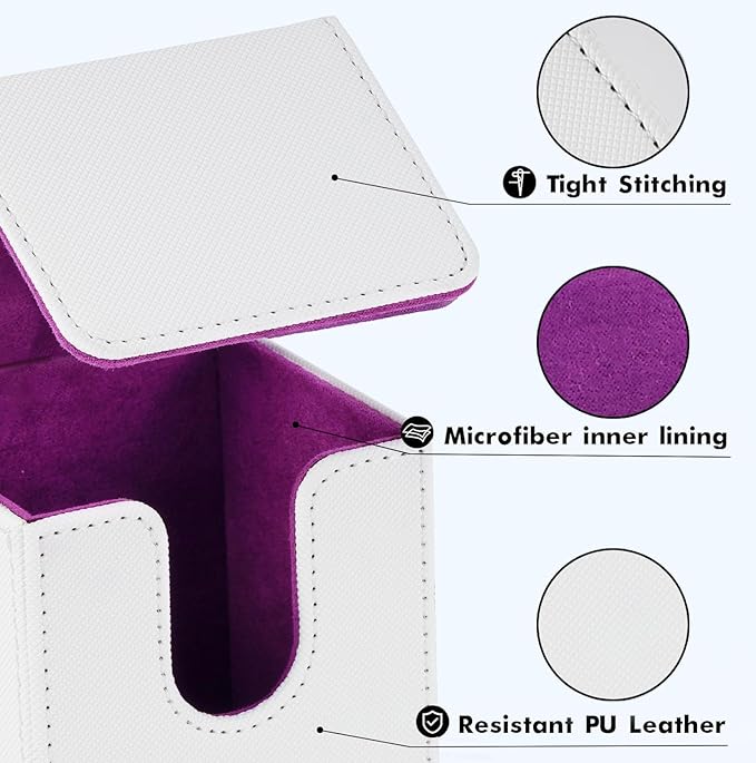 ZLCA Card Deck Box for Trading Cards, MTG YuGiOh Deck Case Holds 100+ Single Sleeved Cards, PU Leather Magnetic Card Storage Box Fits for TCG CCG (White& Purple)