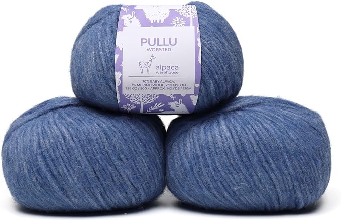 Pullu - Baby Alpaca Merino Wool Yarn Set of 3 Skeins (150 Grams) Worsted Weight - Sourced Directly from Peru - Heavenly Soft and Perfect for Knitting and Crocheting (Denim Blue)