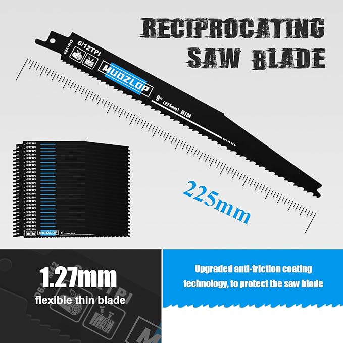 25 Pack 9 inch Reciprocating Saw Blades Set,6/12TPI High Carbon Saw Blades, Woodcutting Saw Blades with Organizer Case (25, 6/12TPI/225mm)