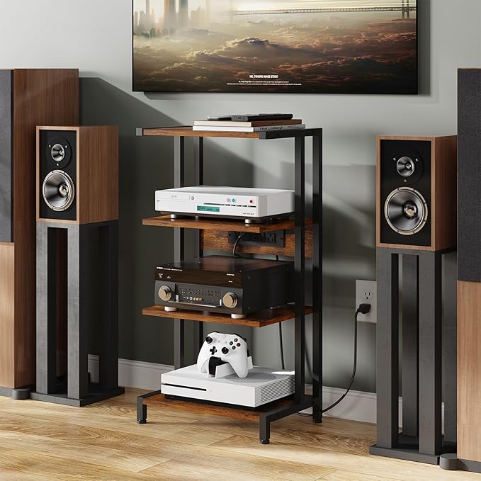 X-cosrack 4-Tier AV Media Stand with Power Strips, Wooden Corner Shelf Component Cabinet Stereo Audio Rack Stand Tower Perfect for DVD Players:Game Console:TV Box:Cable Box:Xbox:WiFi Router