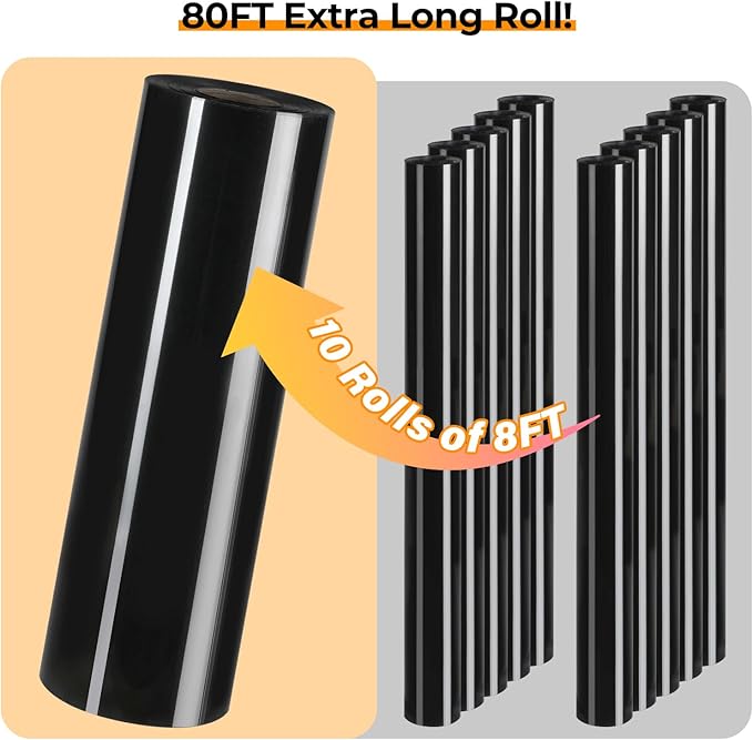 HTVRONT Heat Tranfer Vinyl Roll - 12” x 80ft Black HTV Vinyl for T Shirts, Black Iron on Vinyl Compatible with Cricut Cutting Machine - Easy to Use for Personalized Gifts
