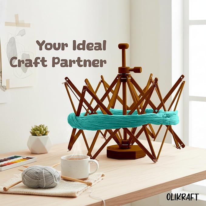 Olikraft Wooden Yarn Swift - Lightweight Reverse Yarn Umbrella Swifts, Ball Swift, Skein Winder (Brown) (Patented)