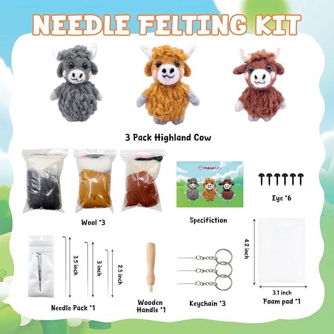 Needle Felting Kit, 3 Pcs Highland Cow Wool Needle Felting Kit for Beginners & Adult, Animal Doll Making Set with Video Instruction, Craft Party Supplies, Tools & Foam Pad, DIY Birthday Gift
