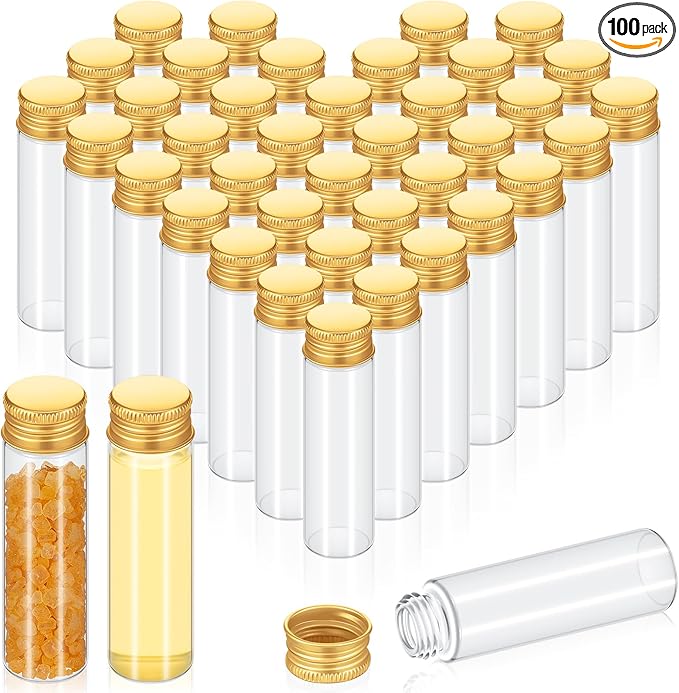 100 Pcs Small Clear Vials Spice Mini Jars with Lids Mini Glass Bottles with Screw Aluminum Metal Caps Tiny Jars Sample Containers for Powder Cream Cosmetic Jewelry Wedding (20 ml,Gold Caps)