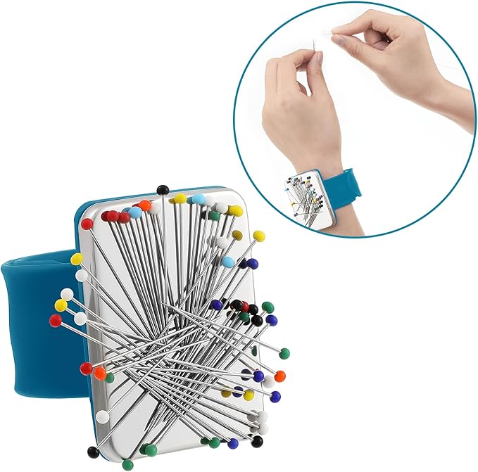 Magnetic Wrist Sewing Pincushion with 100 Pieces 1.5 Inch Ball Head Sewing Pins Set Wrist Magnetic Pin Holder Gift Supplies(Dark Blue)