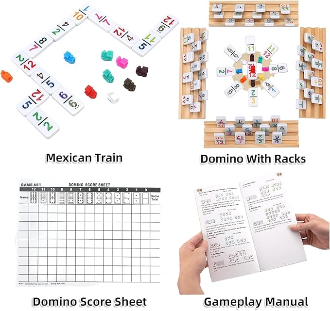 Mexican Train Dominoes Set with Numbers and 8 Wooden Holders, Double 12 Dominos Set for Kids, Adults Travel Domino Train with 91 Tiles and Upgrated Hub, Classic Board Games for Family Night