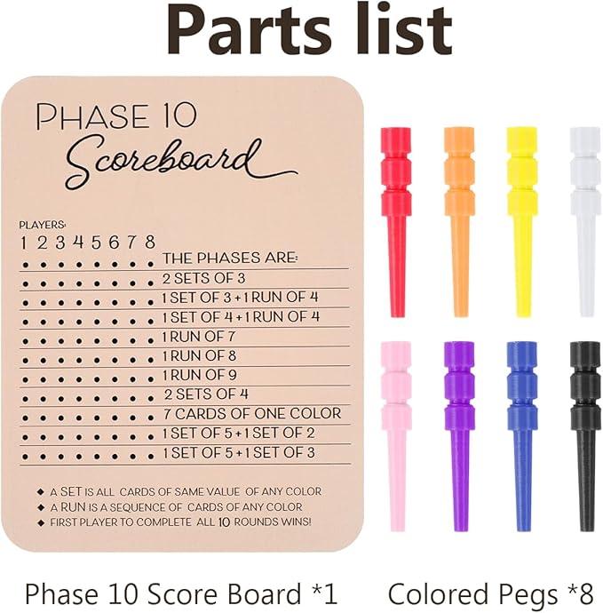 Phase 10 Score Board, Wooden Phase 10 Scoreboard, Phase 10 Score Sheets with 8 Colored Pegs, 10 Scorecard and Round Tracker, Classic Family Adults Board Card Games Night Table Score Boards